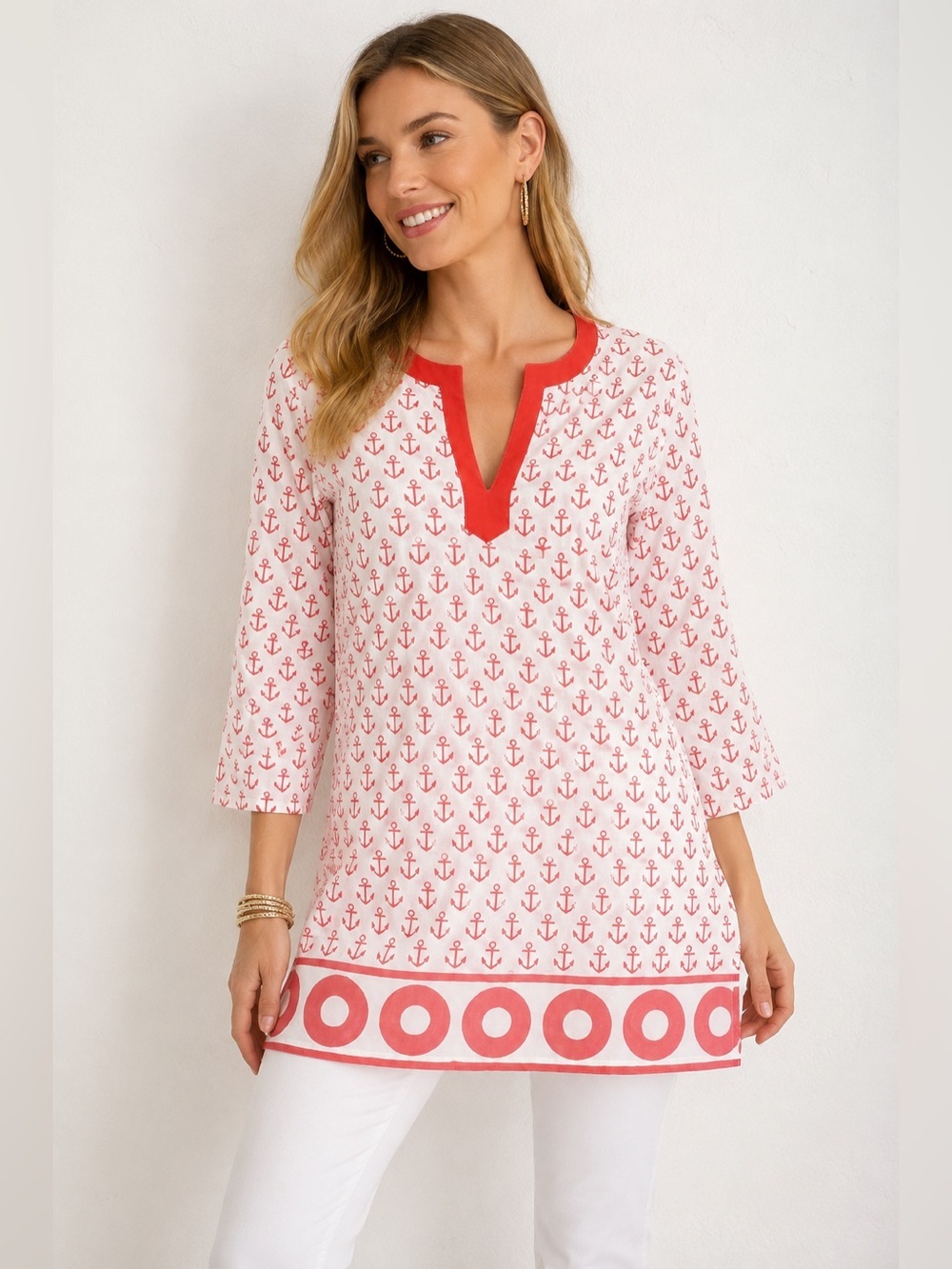 Pomegranate Mavis Anchor Pink Tunic Top Small Nautical Beach Coastal Cover Up